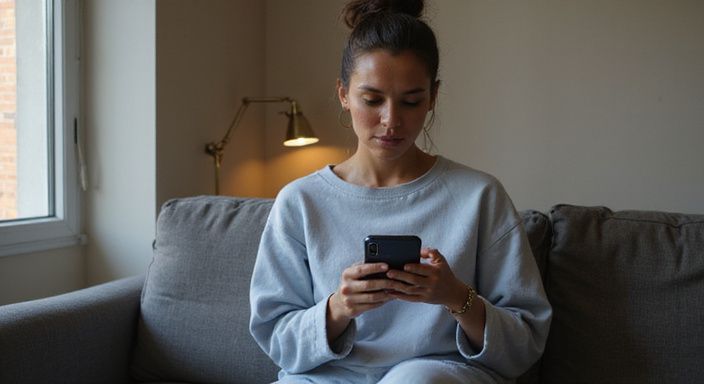 Een vrouw in loungewear verdiept in haar smartphone op de bank.