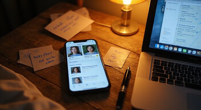Een smartphone en laptop tonen een datingapp voor erotisch contact in Mechelen met veiligheidsnotities.