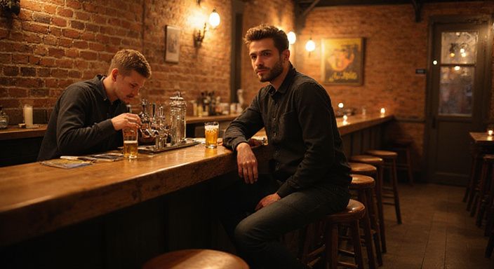 Jonge man geniet van een gesprek aan de bar in Gent.