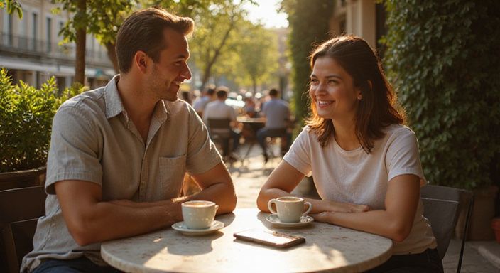 Twee jonge mensen genieten van koffie en elkaar in een café en gaan flirten in Vlaanderen.