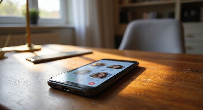 Een smartphone met een datingapp voor flirten in Vlaanderen ligt op een houten bureau.