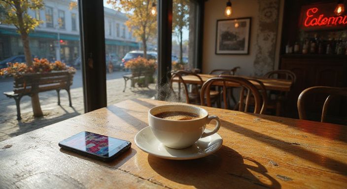 Café interieur met smartphone, koffie en vintage meubelstukken