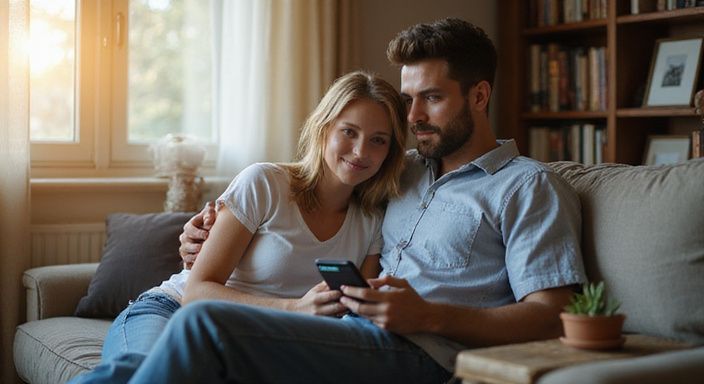Een stel zit samen op een bank en kijkt naar hun telefoons en willen flirten in Vlaanderen.