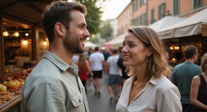 Twee volwassenen hebben een oprechte conversatie over flirten in Vlaanderen op een festival.