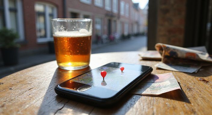 Een smartphone met een dating-app op een houten tafel.