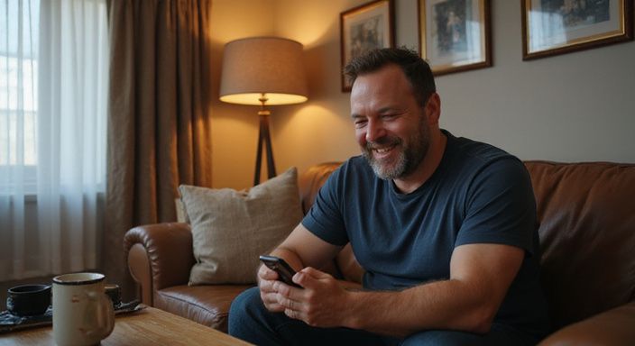 Een lachende man scrollt op zijn smartphone in een woonkamer.