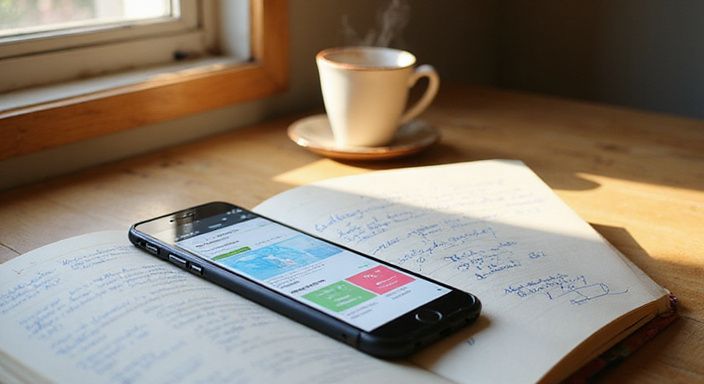 Een smartphone met registratiescherm en een notitieboek op een bureau.