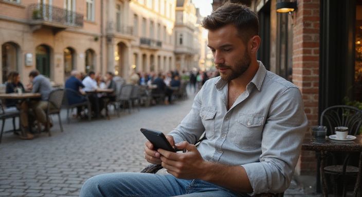 Een man scrollt geconcentreerd op zijn smartphone op een terras.