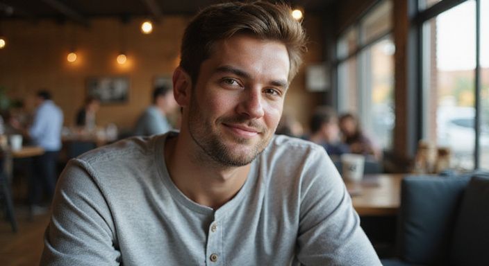 Een ontspannen jongvolwassene met een oprechte glimlach in een koffiehuis.