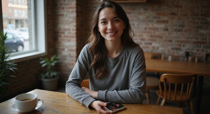 Een vrouw lacht terwijl ze alleen in een café zit.