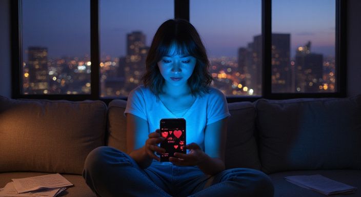 Een jonge vrouw kijkt nerveus naar een datingapp op haar smartphone.