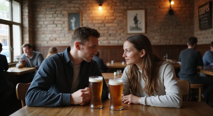 Een vrouw en man delen een intiem gesprek in een café.