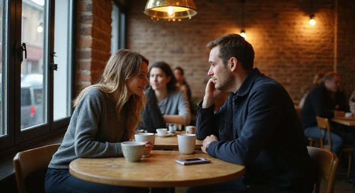 Twee mensen genieten van koffie en een gesprek in een café.