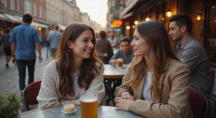 Jonge volwassenen hebben een levendig gesprek over flirten in Vlaanderen op een druk terras.