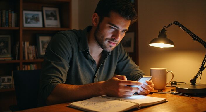 Een man leest geconcentreerd op zijn smartphone in een thuiskantoor.