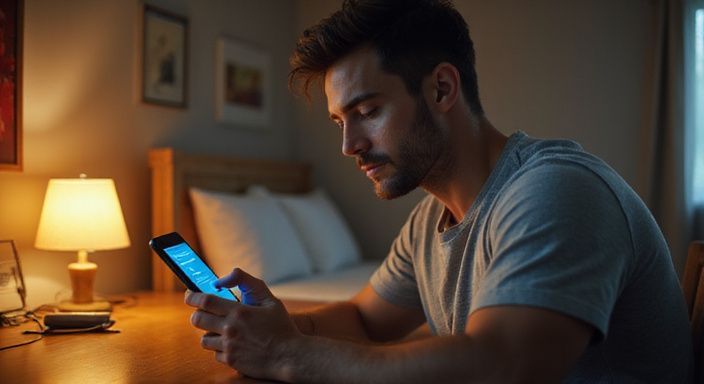 Een man in zijn twenties concentreert zich op zijn smartphone en zoekt naar sexdating in Aalst.