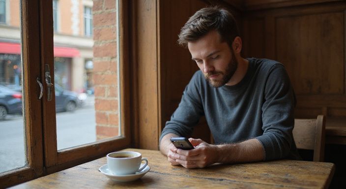 Een jonge man zit ontspannen met zijn smartphone in een café.