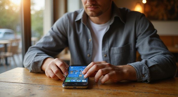 Een jongvolwassen persoon gebruikt een datingapp voor sexdating Aalst in een café.