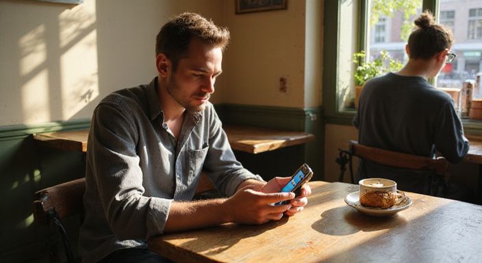 Een man in een café scrollt door een datingapp voor sexdating Aalst.