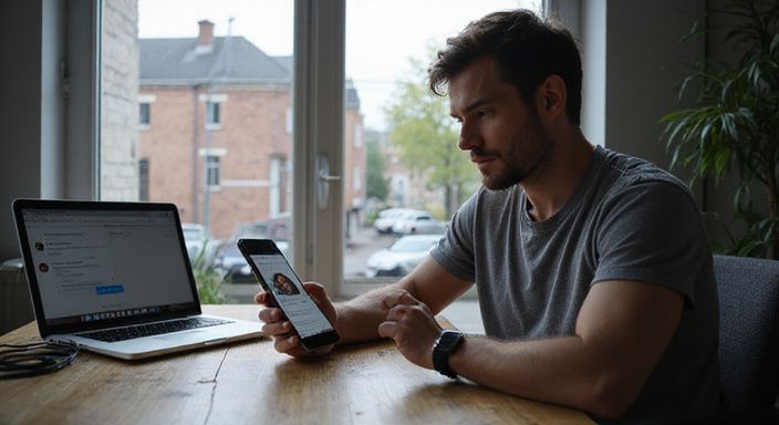 Een man bestudeert een datingapp voor sexdating Aalst op zijn smartphone aan een bureau.