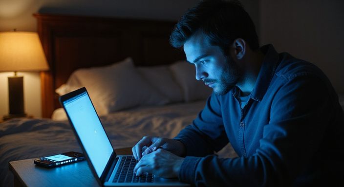 Een persoon kijkt geconcentreerd naar een datingapp op hun laptop.