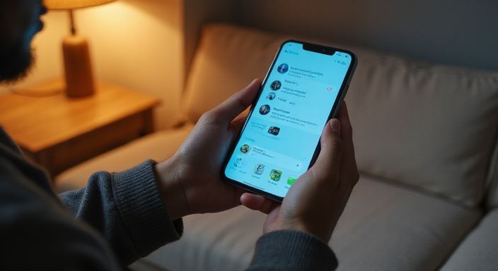 Een persoon kijkt ontspannen naar een datingapp op hun smartphone.