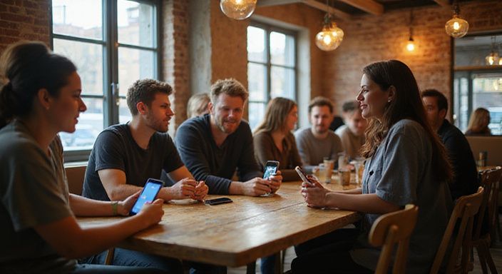 Groep volwassenen in een café, engaged in gesprekken en datingapps voor sexdating Aalst.