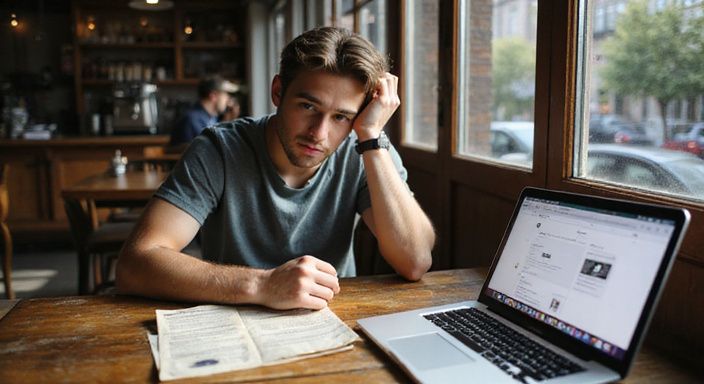 Een jonge volwassene werkt geconcentreerd aan hun laptop in een café.
