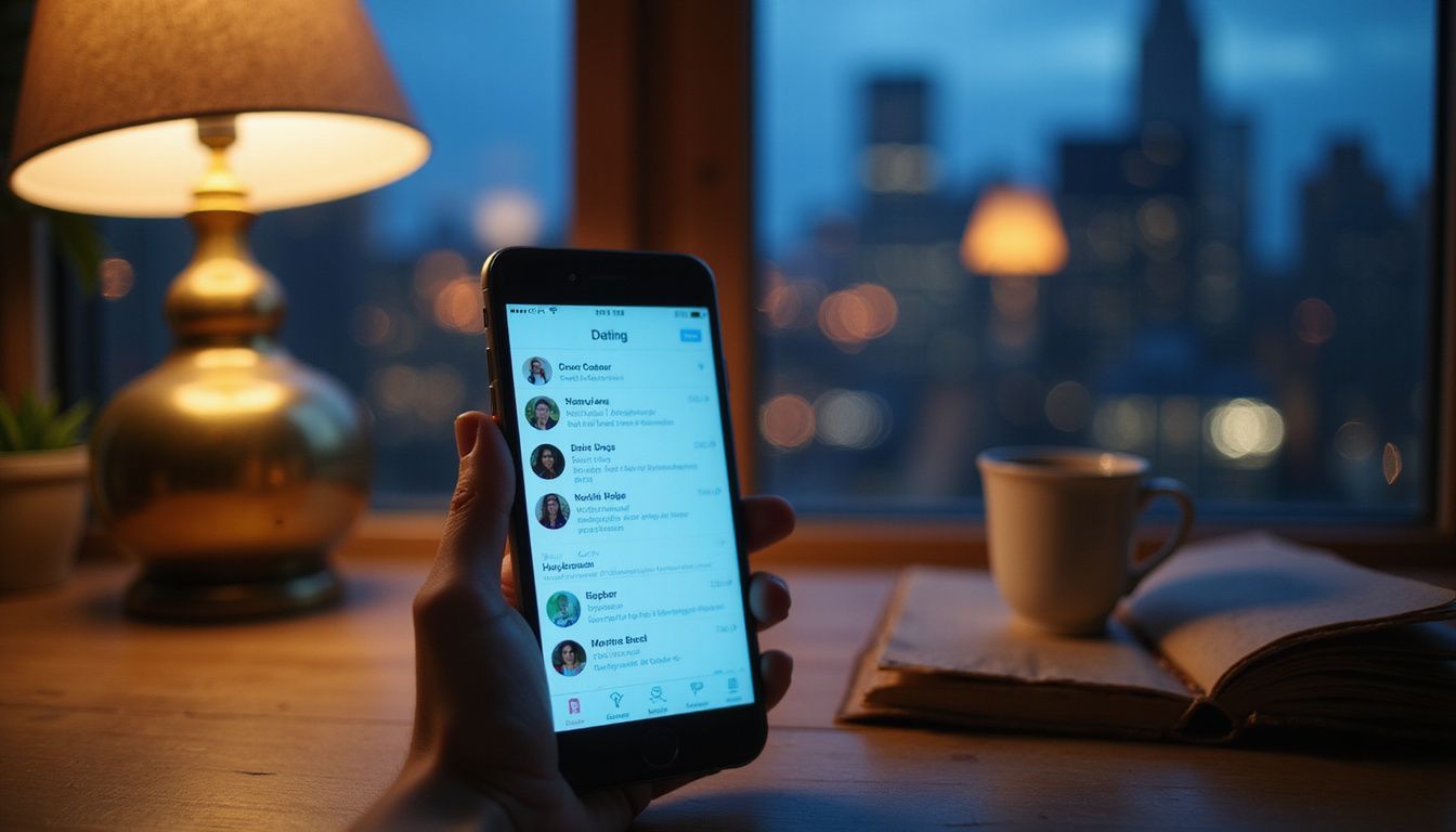 Smartphone toont dating-app in een minimalistische thuiskantooromgeving.