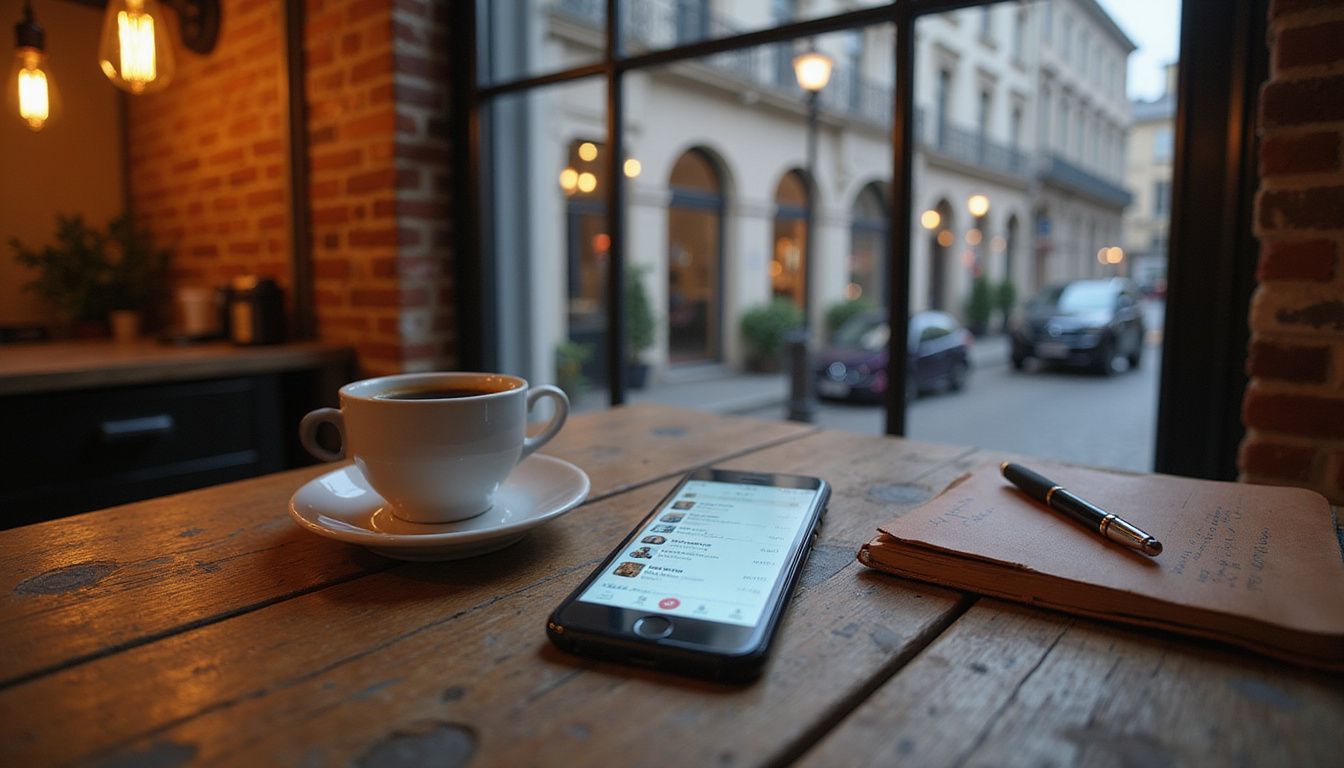 Een smartphone, koffie en notities op een verweerd houten tafel.