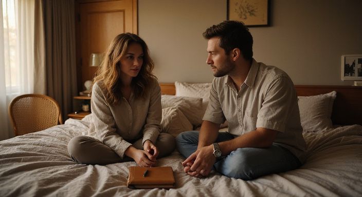 Een vrouw en man zitten geconcentreerd tegenover elkaar op een bed. Een vrouw en man zitten geconcentreerd tegenover elkaar op een bed.