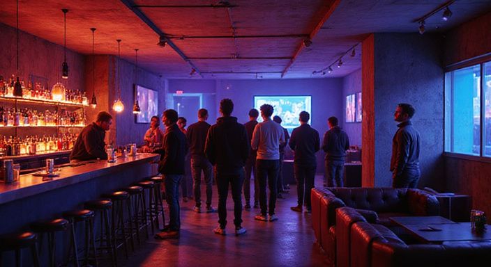 Subterrane nachtclub met natuurlijke interacties en industriële minimalistische inrichting. Subterrane nachtclub met natuurlijke interacties en industriële minimalistische inrichting.
