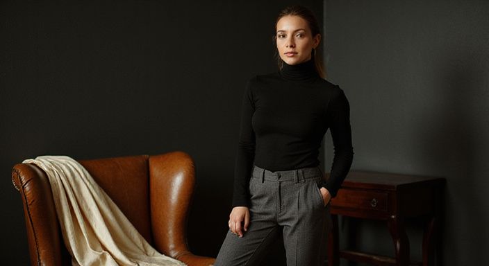 Vrouw in zwarte trui en broek bij leren fauteuil. Vrouw in zwarte trui en broek bij leren fauteuil.