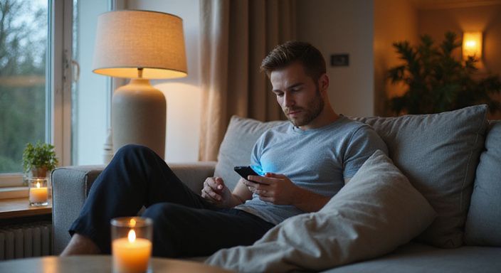 Een man ontspant op een minimalistische bank met zijn smartphone. Een man zoekt oo zijn smartphone naar een sexdate in Vlaanderen.