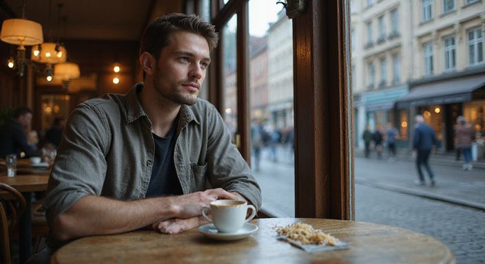 Een man in een café, gehuld in contemplatie, geniet van zijn koffie. Een man in een café, gehuld in contemplatie, geniet van zijn koffie.