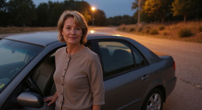 Een vrouw van middelbare leeftijd leunt ontspannen tegen een auto. Een vrouw van middelbare leeftijd leunt ontspannen tegen een auto.