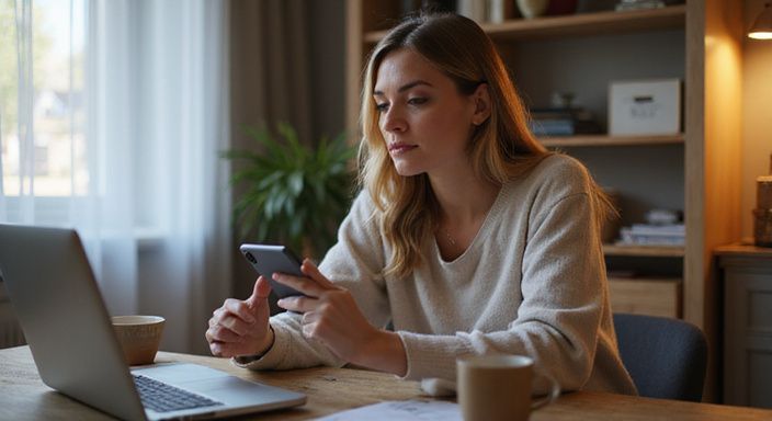 Een vrouw bekijkt haar privacy-instellingen in een thuiswerkplek. Een vrouw bekijkt haar privacy-instellingen in een thuiswerkplek.