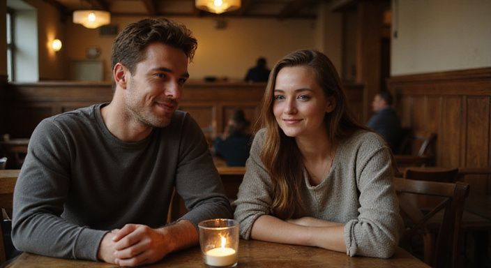 Twee mensen genieten van een intiem gesprek in een bistro. Twee mensen genieten van een intiem gesprek over een sexdate in Vlaanderen in een bistro.