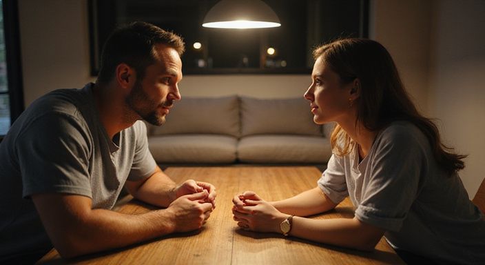 Twee volwassenen delen een intiem moment aan een versleten houten tafel. Twee volwassenen delen een intiem moment tijdens hun sexdate in Vlaanderen.