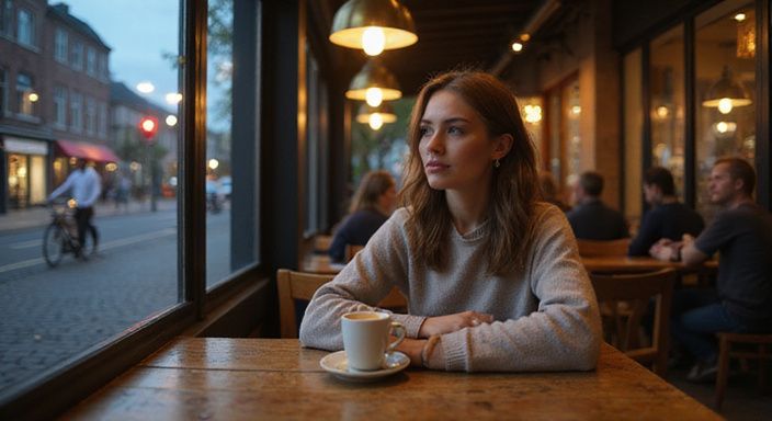 Een vrouw in contemplatie, alleen aan een café tafel. Een vrouw in contemplatie, alleen aan een café tafel.