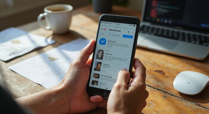 Een persoon verifieert een datingprofiel op hun smartphone aan een bureau. Een persoon verifieert een datingprofiel voor sexcontact in Vlaams-Brabant op hun smartphone aan een bureau.