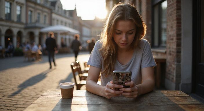 Een vrouw in een café kijkt angstig naar een datingapp. Een vrouw in een café kijkt angstig naar een datingapp voor sexcontact in Vlaams-Brabant.