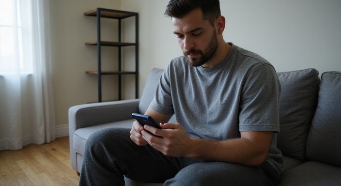Een man in een oversized t-shirt kijkt geconcentreerd naar zijn smartphone. Een man in een oversized t-shirt kijkt geconcentreerd naar zijn smartphone.